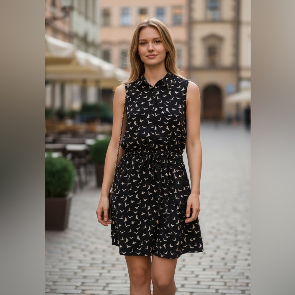 Black Sleeveless Dress with Cream Bird Print